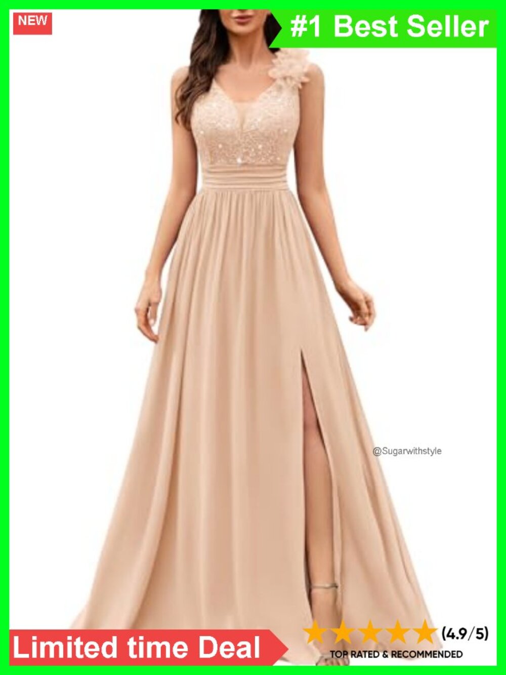 V-Neck Sequined Lace Evening Maxi Dress Sleeveless A-Line Formal